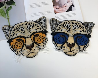 Parche de aplicación de bordado de leopardo con gafas, abrigo de suministro de parche cosido con cabeza de leopardo, camiseta, parche de calcomanía de decoración de ropa
