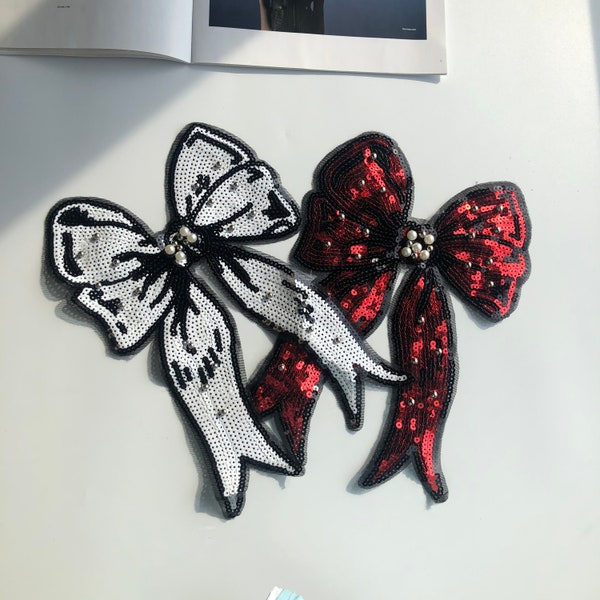 Sequin Bow Applique - White Red Optional Bow Decor Sewing Patch