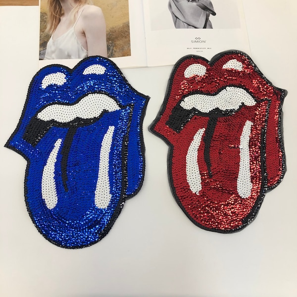 Blue red large tongue sequins, sequin patches, sewn patches, and large sequins are suitable for denim jackets, shirts, hoodies, and more.