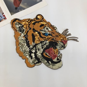 Vintage tiger sequin patch, tiger sewn clothing patch, back patch, denim jacket embroidery patch, DIY decorative sequin patch