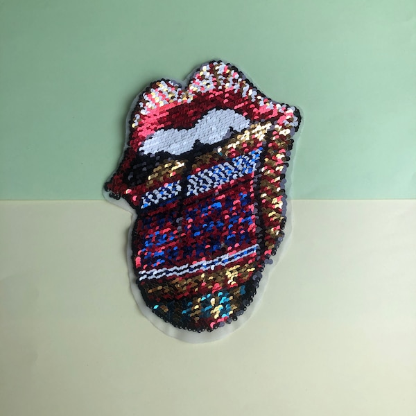 AB Side Reversible Colorful Sequin Patch, Sequin Patch, Tongue Lip Embroidery Patch - Sequin Embroidery Patch Sewn on Jacket