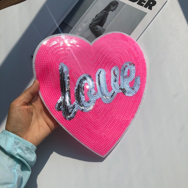 LOVE lettering sequin heart patch, pink sparkly valentine patch, sewn heart patch teen backpack jacket accessories