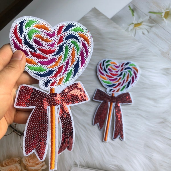 Rainbow Lollipop Patch, Bow Lollipop Sequin Patch DIY Decorative Accessories Backpack Clothes Ironing Candy Decals