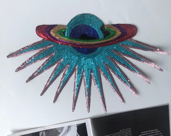 Large Sparkling Sequin Planet Ship Patch - Sequin Patch - Colorful Sequin Planet Embroidery Patch -