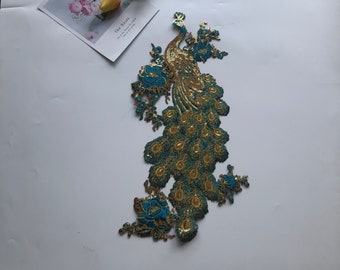 large peacock embroidery patch, embroidery patch, gold thread embroidery patch appliqué