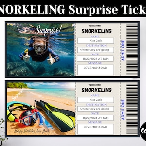 Plantilla de boleto de revelación de regalo sorpresa de snorkel, vale de regalo, plantilla de boleto de evento editable, boleto personalizado, regalos navideños