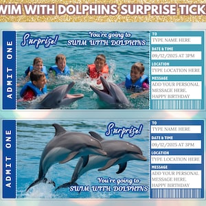 Billet surprise nager avec les dauphins,Modèle de billet de natation,Révélation surprise,Vous allez nager avec les dauphins,Cadeau pour lui,Téléchargement instantané