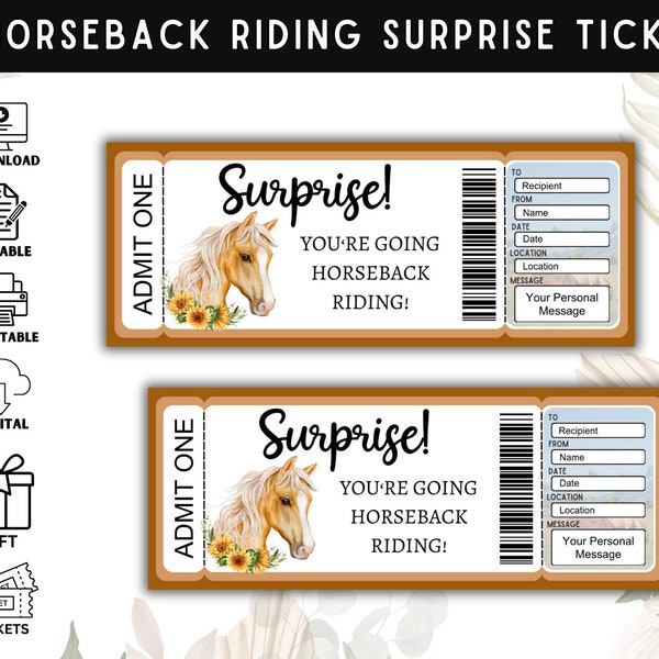 Printable Horse Riding Surprise Ticket, Horseback Riding Ticket, Ticket Template, Travel Print Ticket, Horse Lovers Gift, Instant Download