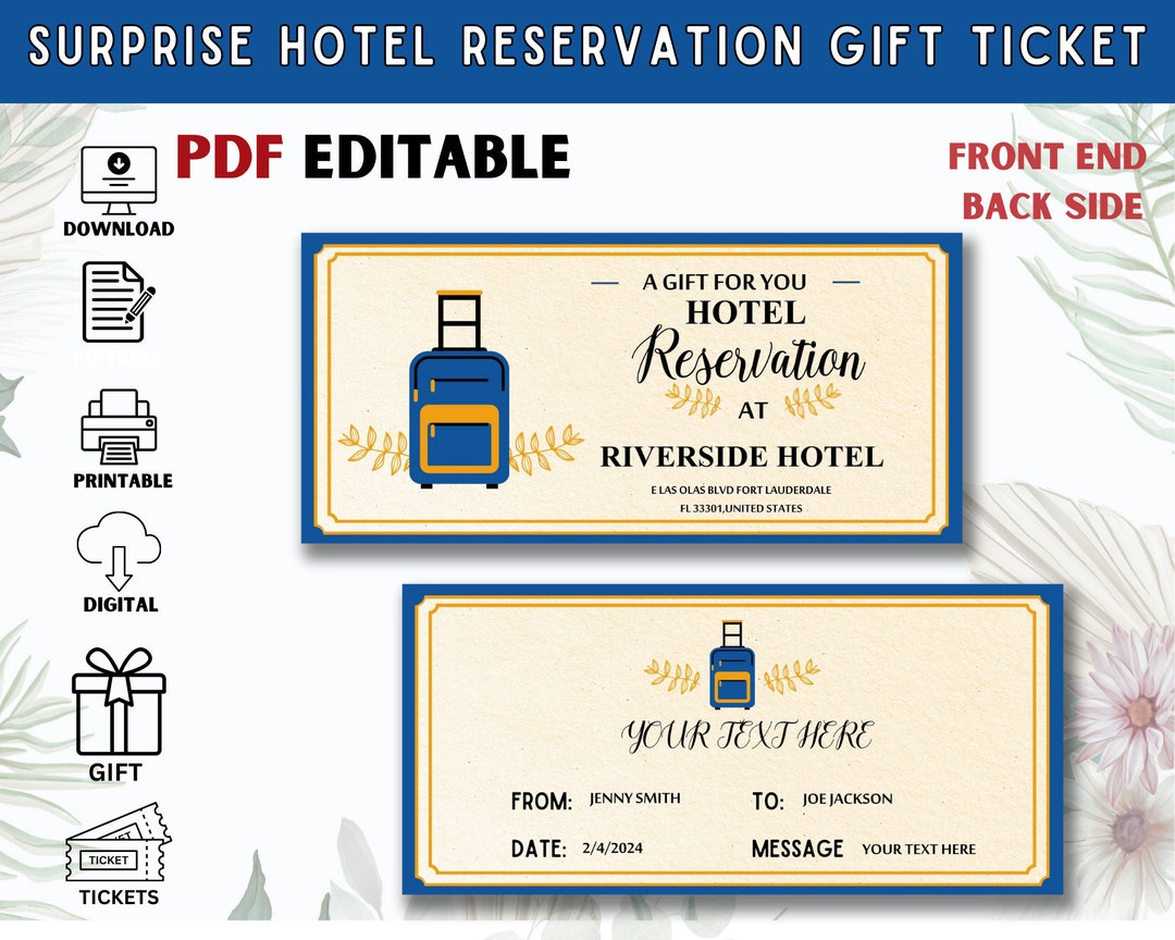 Printable Hotel Reservation Ticket, Surprise Hotel Reservation Ticket, Ticket Template, Gift ...