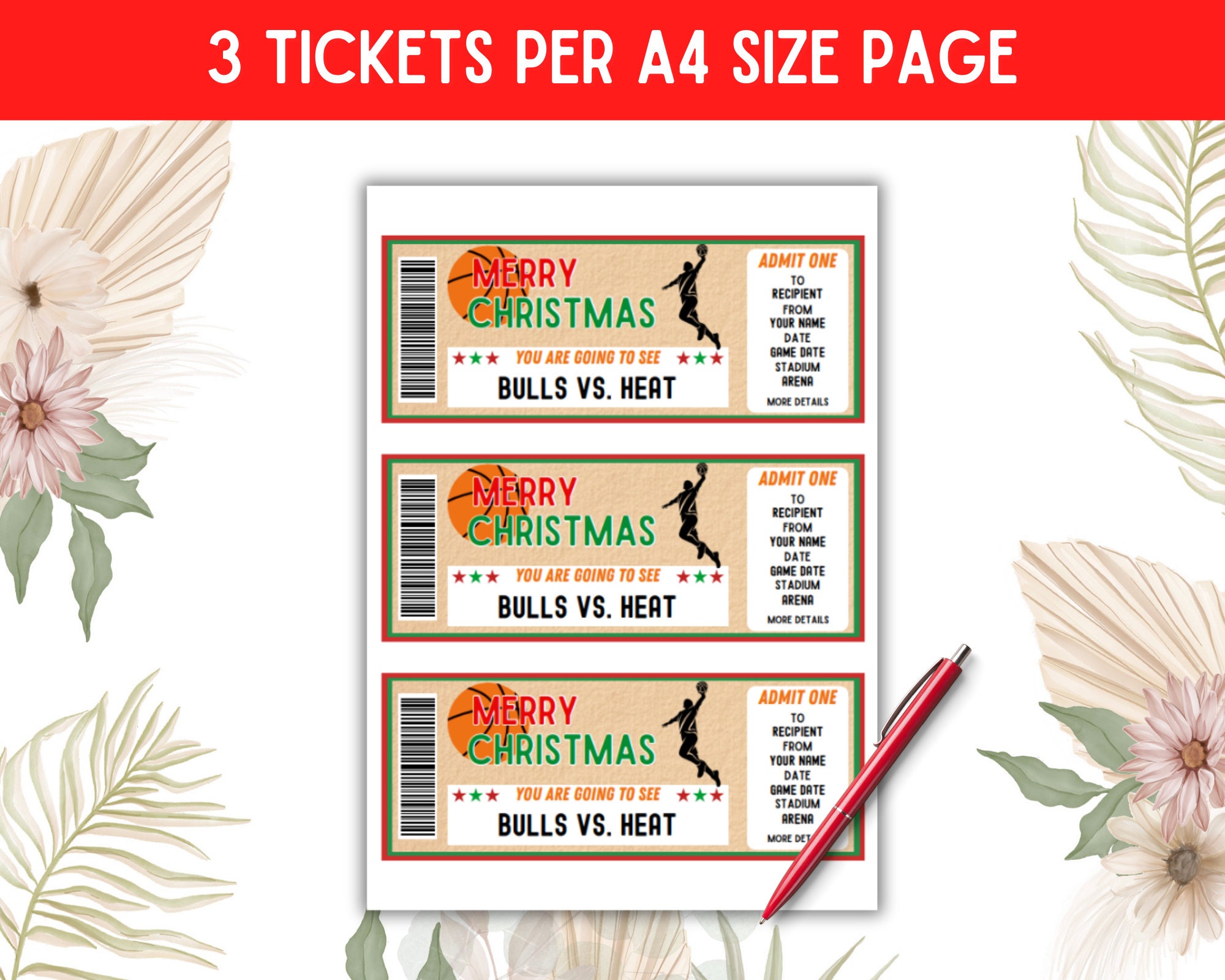 Basketball Game Gift Ticket, Christmas Sport Tickets, Editable Ticket ...