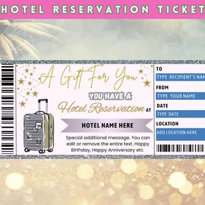 Boleto de reserva de hotel imprimible, boleto de reserva de hotel sorpresa, plantilla de boleto, boleto de viaje de regalo, cupón de hotel, descarga instantánea