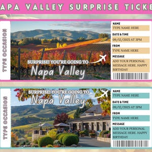 Modèle imprimable de billet-cadeau de voyage surprise dans la Napa Valley, billet d'embarquement, billet de voyage surprise, billet de vacances, téléchargement immédiat