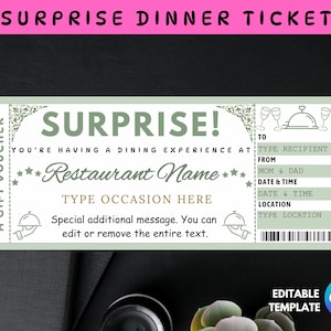 Verrassingsdinerticket, bewerkbare dinervoucher, afdrukbare dinerbon, bewerkbare restaurantcoupon, dinercadeaubon