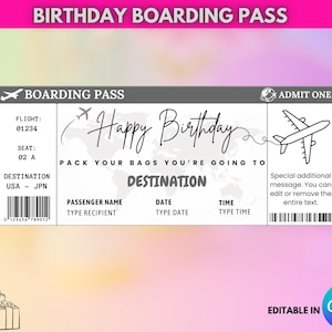 Druckbare Geburtstags-Bordkarte: Überraschungsticket, bearbeitbare Bordkartenvorlage, bearbeitbares Flugticket, personalisiertes Reiseticket