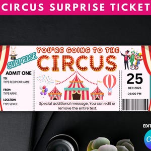 Circusverrassingscadeaukaart, je gaat naar het circus, circuscadeaubon, circusverrassingsticket, sjabloon circusticket bewerkbaar
