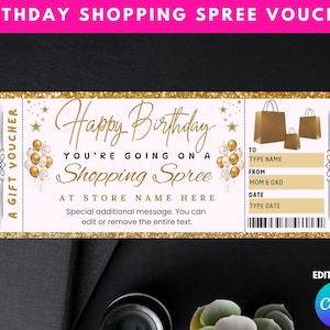 Bon d'achat pour une soirée shopping d'anniversaire, chèque-cadeau personnalisé pour une virée shopping, bon de shopping surprise, modèle de bon d'achat