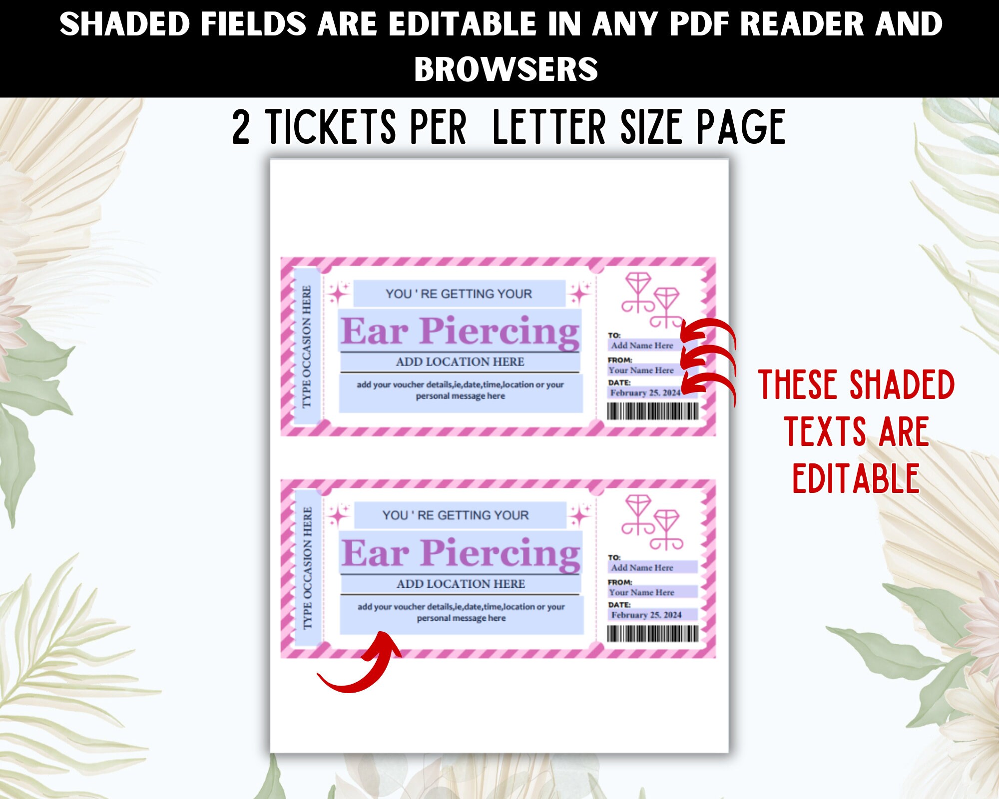 Printable Ear Piercing Ticket Template, Gift Certificate, Ear Piercing ...