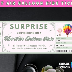 Hot Air Balloon Ride Ticket, Hot Air Balloon Gift, Ticket Template, Custom Ticket, Trip Ticket, Surprise Trip Ticket, Canva Template