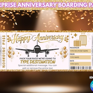 Überraschungsjubiläumsreiseticket-Vorlage, bearbeitbare Jubiläums-Bordkarte-Geschenkticketvorlage, Jubiläumsgeschenk, Geschenk für sie