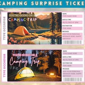 Printable Camping Surprise Ticket Template, Vacation Trip Ticket, Gift Ticket, Ticket Template, Travel Print Invitation, Instant Download