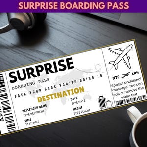 Modèle de carte d'embarquement surprise, modèle de carte d'embarquement modifiable, faux billet d'avion modifiable, billet d'embarquement bricolage, billet surprise personnalisé