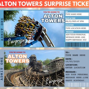 Überraschung Alton Towers Reise enthüllen Geschenkkartenvorlage, Alton Towers Urlaubsreise Geschenkkarte, druckbare Alton Towers-Eintrittskarte zum Verschenken,