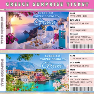 Billet surprise pour la Grèce, billet de vacances en Grèce, vous allez en Grèce, carte d'embarquement, billet de voyage, impression de voyage, modèle de billet