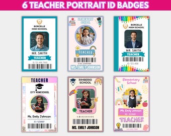 6 Teacher Portrait ID Badges | Editable ID Card Template | Canva Custom ID Badge | Homeschool  Student Name Badge | Printable Teacher Badge