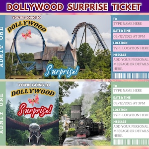 Überraschung Dollywood Trip Reveal Geschenkkarte, Urlaubstickets, bearbeitbare Dollywood Geschenkkarte, druckbarer digitaler Freizeitpark Coupon