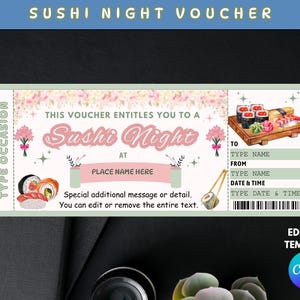 Sushi Night Ticket, Printable Birthday Gift Coupon, Editable Gift Ticket, Birthday Surprise Ticket, Canva Template, Instant Download