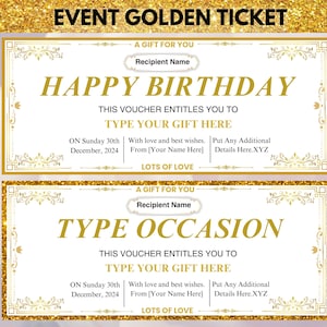 Bearbeitbares Event Golden Ticket, Print At Home Geburtstagsgutschein, Überraschungsticket, Ticketvorlage, Digitaler Gutschein, Geschenk Golden Ticket