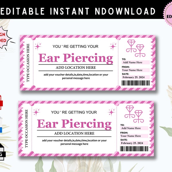 Printable Ear Piercing Ticket Template, Gift Certificate, Ear Piercing Ticket, Ears Pierced Ticket, Ticket Template, Instant Download