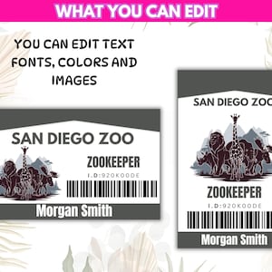 Bearbeitbare Zoowärter-ID-Abzeichen-Vorlage, Zoowärter-Namensschild, Zoowärter für einen Tag, Zoo-ID-Karte, Zoo-Pretend-Play, Zookeeper-Erlebnisgutschein