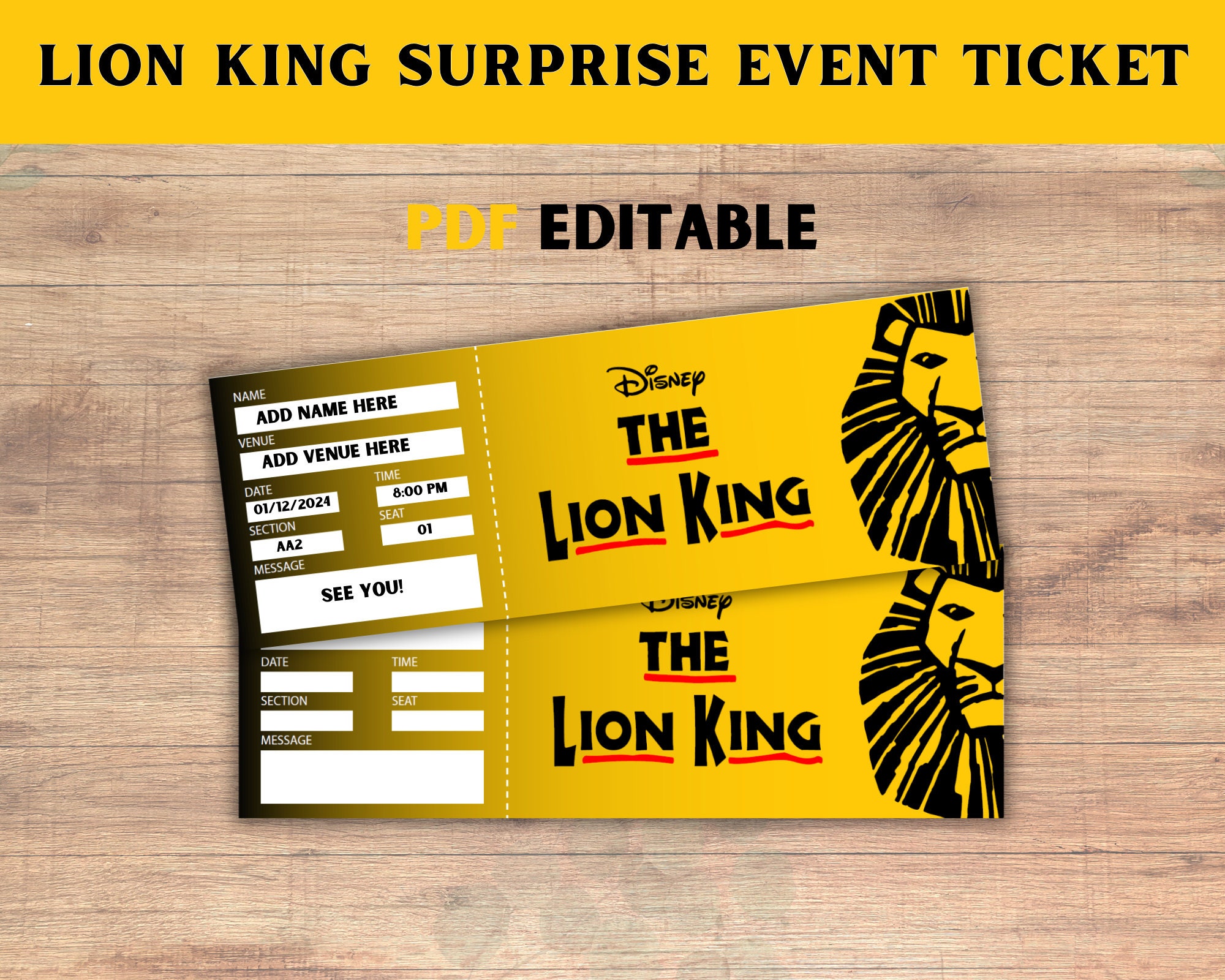 Editable the Lion King Broadway Surprise Ticket, Broadway Surprise