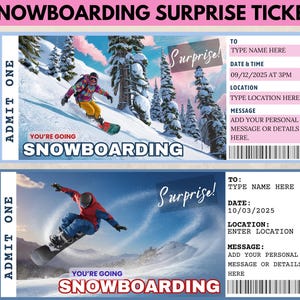 Snowboard Überraschungsgeschenk Ticket, du gehst Snowboarden, druckbare Urlaubskarte, bearbeitbare Reisekarte, Reisegeschenk, Geschenk für sie