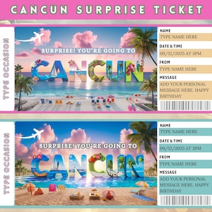 Billet surprise Cancun, Billet de voyage à Cancun, Billet de vacances au Mexique, Billet d'avion pour Cancun, Carte d'embarquement, Billet de voyage, Téléchargement immédiat