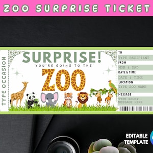 Billet de zoo surprise imprimable, cadeau pour enfants, billet de zoo à modifier, billet-cadeau de zoo, bon de zoo, modèle de billet de zoo téléchargement immédiat