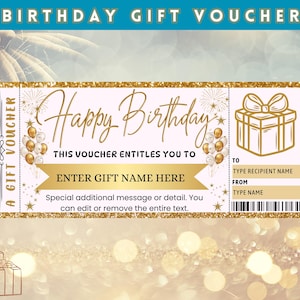 Tarjeta de regalo de cumpleaños, Vale de regalo personalizado de feliz cumpleaños, Certificado de regalo de cumpleaños, Vale de regalo de cumpleaños, Cupón de regalo de cumpleaños unisex