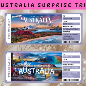 Australia Surprise Trip Ticket,  Surprise Trip Ticket, Surprise Trip Reveal,  Surprise Trip Gift,  Ticket To Australia,  Canva Template
