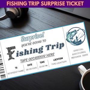 Modèle de billet cadeau de voyage de pêche modifiable, coupon de voyage de pêche imprimable, modèle de billet surprise de voyage de pêche, téléchargement immédiat