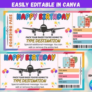 Billet anniversaire surprise, Billet d'avion voyage surprise, Billet cadeau d'anniversaire, Billet d'avion pour joyeux anniversaire, Modèle cadeau de carte d'embarquement