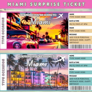 Druckbare Miami Surprise Trip Ticket Vorlage, Bording Pass Vorlage, Reiseticket nach Miami, Urlaubsüberraschungsticket, Sofort Download