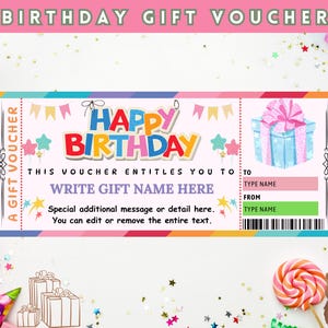 Vale de regalo de cumpleaños editable, boleto de regalo de cumpleaños, cupón de regalo de cumpleaños, vale de regalo de feliz cumpleaños, certificado de regalo de cumpleaños, digital
