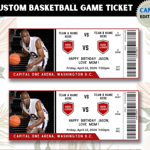 Custom Basketball Ticket, Ticket Template, Basketball Game Ticket, Basketball Gift Ticket, Sports Gift Ticket, Gift For Him, Canva Editable