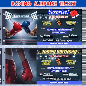 Plantilla de boleto de boxeo sorpresa, boleto de cumpleaños de boxeo, cupón sorpresa de boxeo, regalo de juego de boxeo personalizable e imprimible, Canva editable