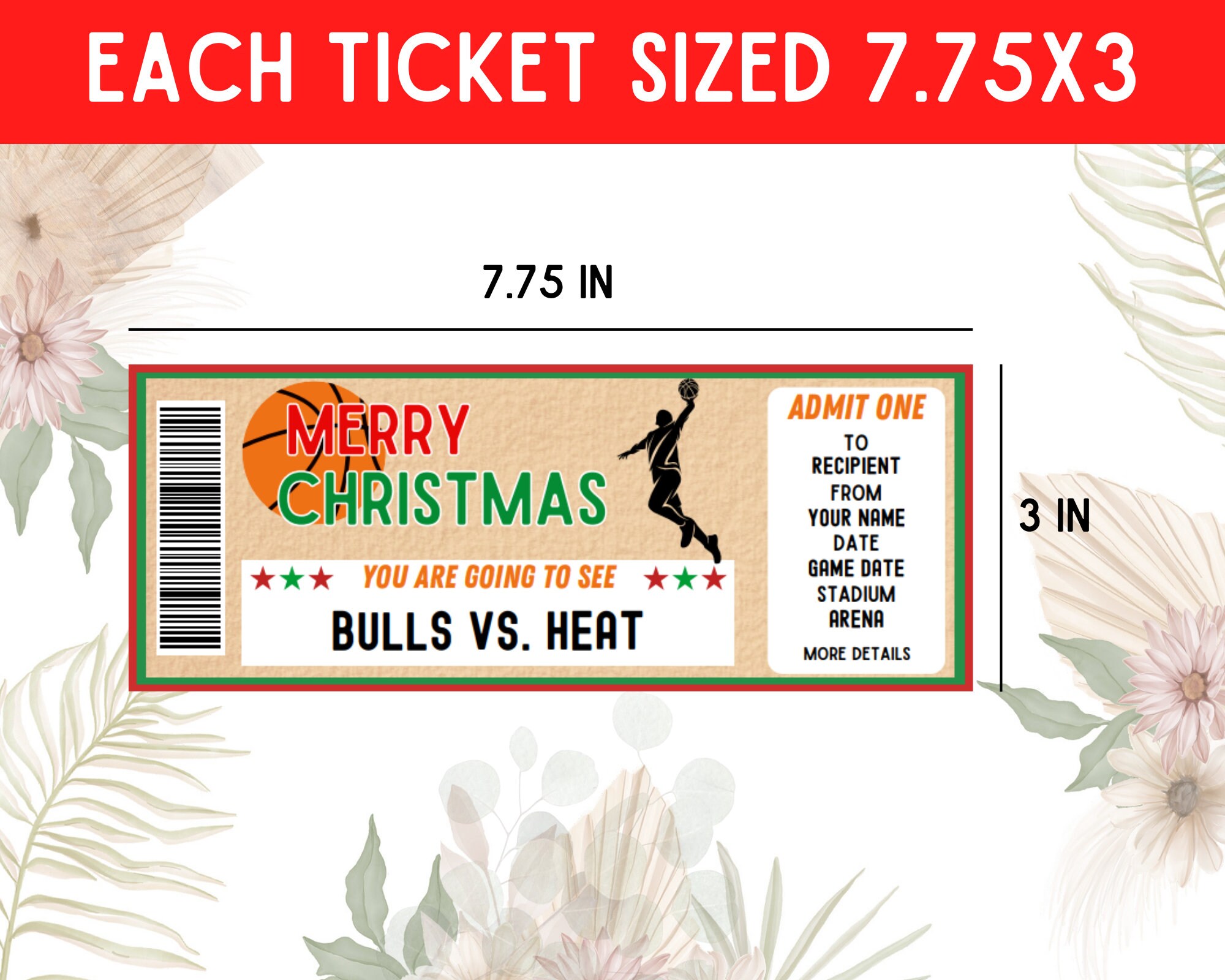 Basketball Game Gift Ticket, Christmas Sport Tickets, Editable Ticket ...
