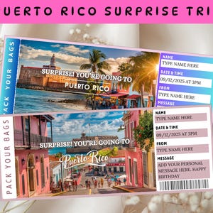 Puerto Rico Bordkarte Ticket Vorlage, Karibik Reise Bordkarte Druckbare Flugticket Reise offenbaren, Überraschung Puerto Rico Reiseticket