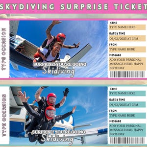 Bewerkbare sjabloon skydiving-verrassingsticket, cadeauticket, skydiving-verrassingsonthulling, ticket skydiving-evenement, vakantieticket, Instant Download