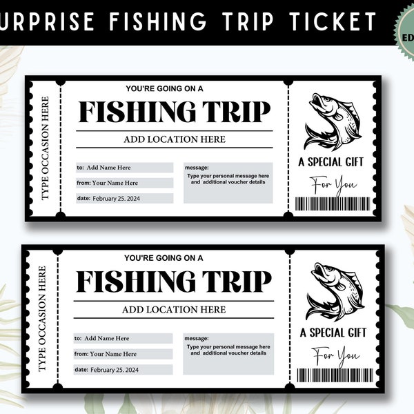 Editable Fishing Trip Gift Ticket Template, Printable Ticket, Fishing Trip Coupon, Surprise Ticket, Ticket Template, Instant Download