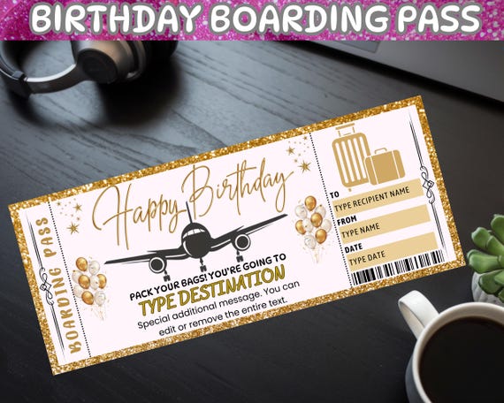 Surprise Birthday Trip Ticket: Editable Boarding Pass Template, Birthday boarding pass, Birthday Airplane Ticket, Editable Surprise Ticket
